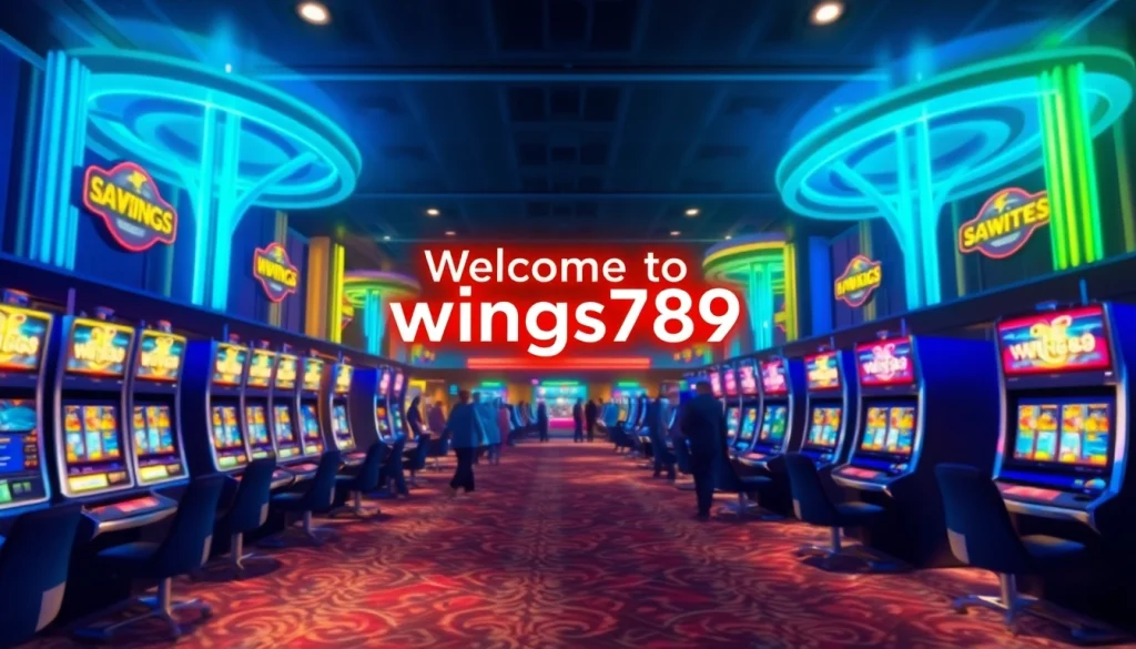 Explore the gaming excitement at wings789, highlighted by vibrant slot machines and a lively atmosphere.