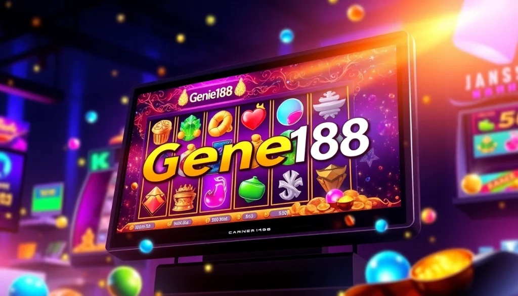 Experience the thrill of genie168's online gaming with vibrant slot machine graphics and mystical treasures.