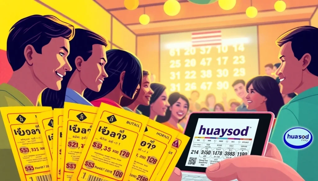 Witness the excitement of huaysod lottery players celebrating their winning numbers in a vibrant scene.