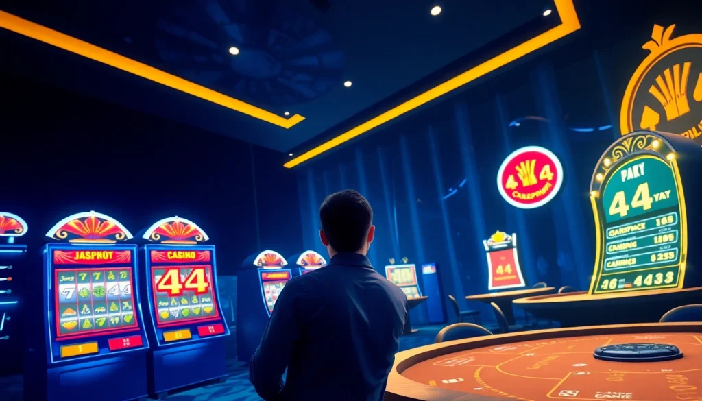 Experience the excitement of lsm44 through a vibrant online casino interface, showcasing slot machines and card tables.