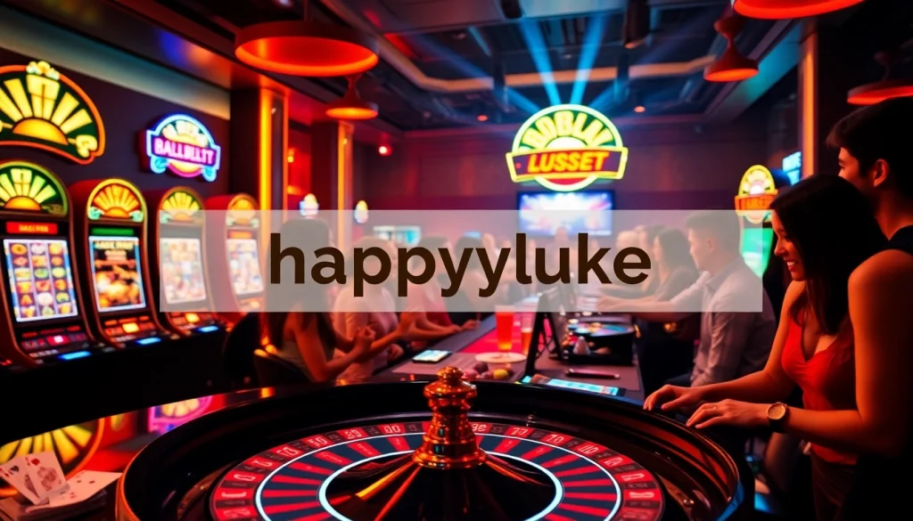 Players enjoying a lively game at HappyLuke casino with vibrant atmosphere and exciting games.