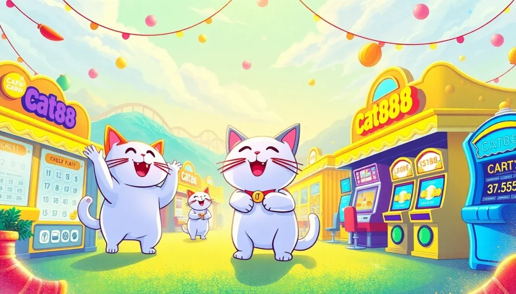 Discover cat888 with an engaging illustration of playful cats and lottery excitement.