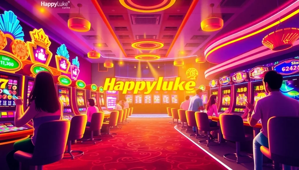 Explore the vibrant casino atmosphere of happyluke with exciting gaming options and joyful players.