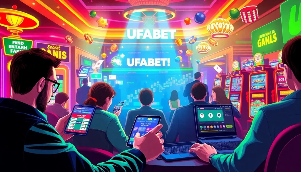 Experience thrilling online gambling through UFABET's vibrant digital casino scene, featuring engaged players and dynamic interfaces.