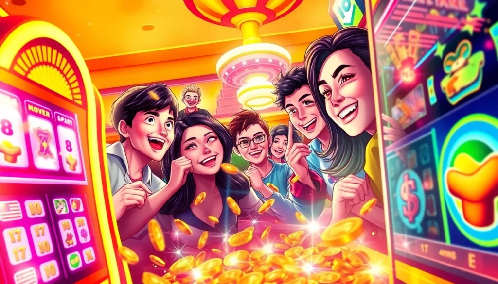 Discover the thrill of ทดลองเล่นสล็อต with vibrant slot machines and joyous players.