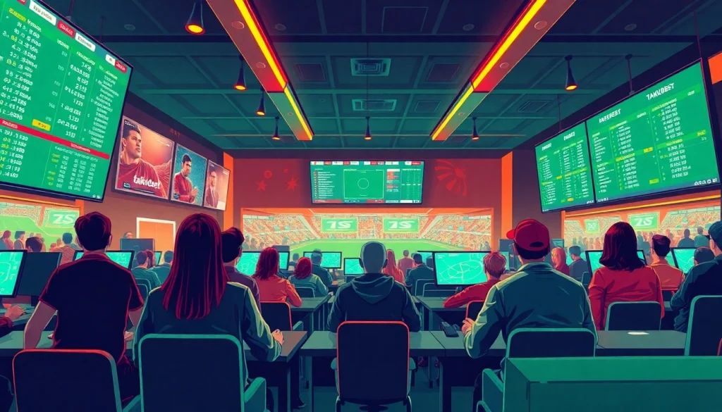 Engaging bettors at a lively sportsbook scene, showcasing https://taikubet.nl/ for dynamic sports betting.