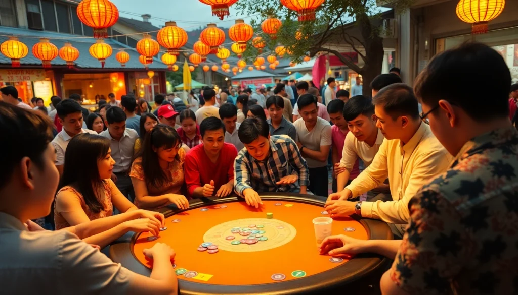 Players engaged in xóc đĩa game with colorful chips and festive atmosphere.