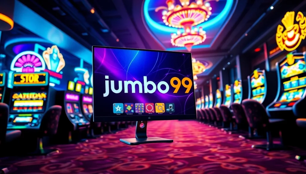 Discover jumbo99's thrilling online casino experience with vibrant neon lights and games.