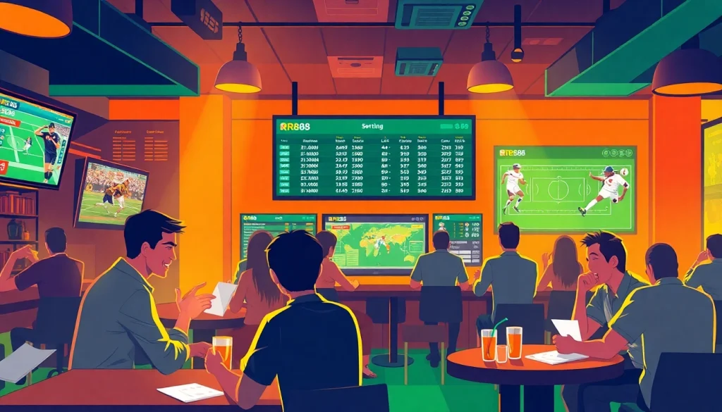 Excited patrons engaging in sports betting at RR88 while watching live games.