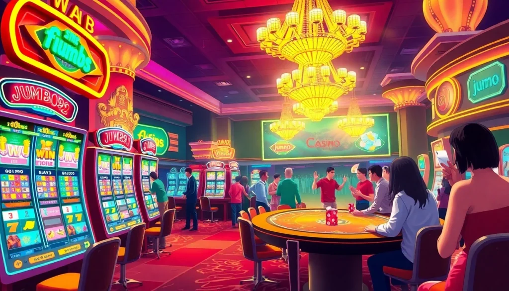 Experience the excitement of jumbo99 with players celebrating big wins at a lively casino scene.