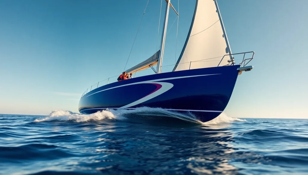 Experience the thrill of sailing on the J88 sailboat under a clear sky, showcasing its vibrant design and smooth motion.