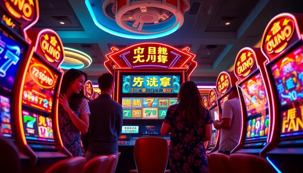 Players enjoying captivating เว็บสล็อต experiences on high-tech slot machines in a vibrant casino atmosphere.