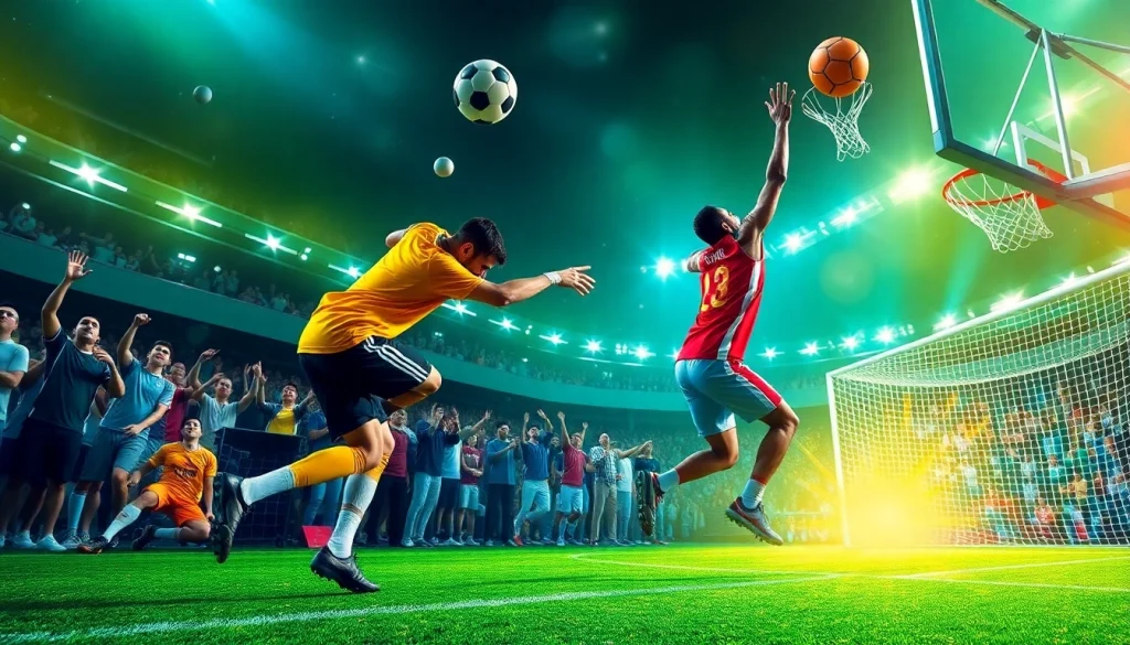 Experience thrilling sports betting at https://2fun88.com/ with vibrant scenes of athletes and excited fans.