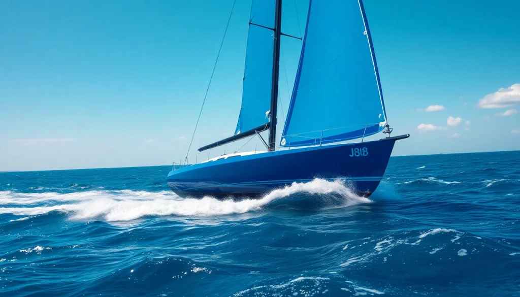 Experience high-speed sailing on a J88 sailboat racing across vibrant blue waters.